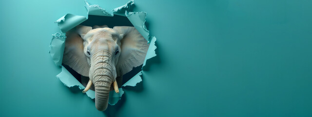 A close up of an elephant's face peeking out of a hole in a wall. The elephant's face is the main...