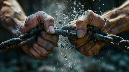 Breaking free concept with pair of hands breaking up a chain link. - obrazy, fototapety, plakaty