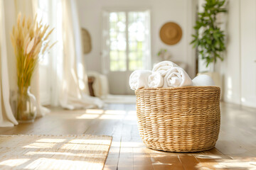 Tranquil room with wicker basket of neatly rolled white towels, evoking crisp and clean feel of laundry day. Concept of organized living, comfort of home, and simple pleasures of household upkeep