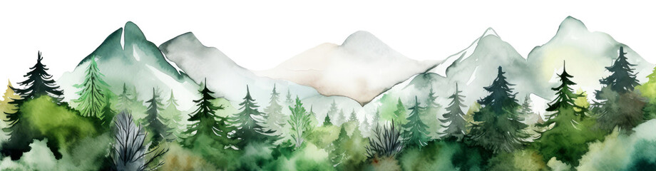 Watercolor mountains spruce trees landscape forest border, isolated hand drawn, watercolor illustration transparent background, Generative ai