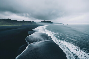 Scenic Icelandic landscape with black sand beach and Atlantic ocean. Majestic nature of Iceland. - obrazy, fototapety, plakaty
