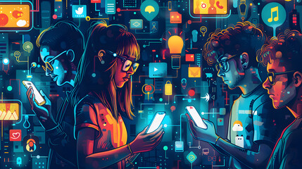 Naklejka premium A group of people holding mobile phones, looking at the phone screen illustration style, colorful cartoon characters, social media in the future background.