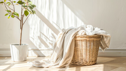 Sunlight bathes tranquil corner, where wicker laundry basket overflows with white linens, beside potted young tree, suggesting serene, clean domestic space and healthy lifestyle