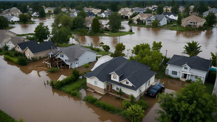 A suburban neighborhood flooded after heavy rainfall, with houses partially submerged and debris floating in the water