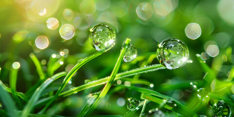 Blurred grass background with water drops, Closeup of dewy grass and leaves with sun rays illuminating natural shades of green
