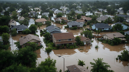 A suburban neighborhood flooded after heavy rainfall, with houses partially submerged and debris floating in the water