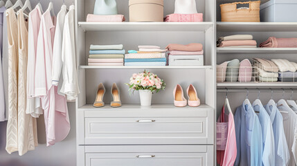 Organized wardrobe displays soft palette of pastel colors neatly arranged shoes and stacked clothes, emanating sense of spring freshness and tidy living, symbolizing peaceful and orderly lifestyle
