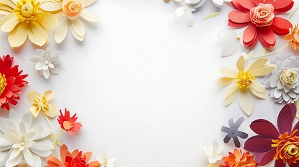 Fototapeta na wymiar Floral Frame with Assorted Paper Flowers on White Background