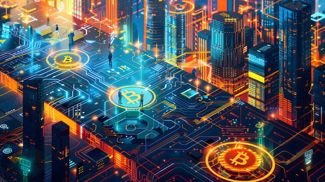 Group of business people examining digital coin concepts on their devices, with computer processors integrated into the scene, against a backdrop of a futuristic cityscape .