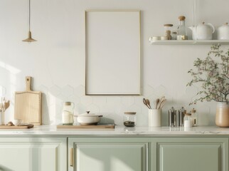 Fototapeta premium Mockup of a modern blank poster frame on a kitchen counter with hexagon tiles