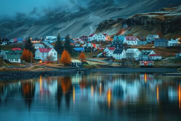 Scenic Icelandic landscape with town or village with colorful houses situated on the ocean coast in Iceland - obrazy, fototapety, plakaty