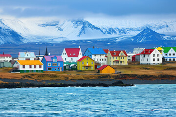 Scenic Icelandic landscape with town or village with colorful houses situated on the ocean coast in Iceland