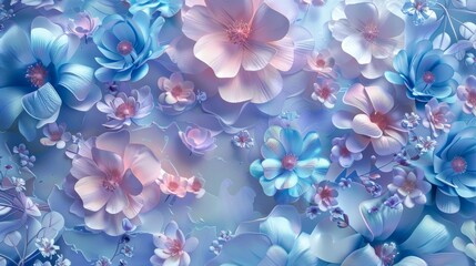 Digital illustration of layered blue flowers with a soft bokeh effect. Floral abstract background for design and print.