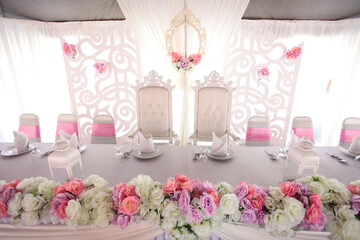 Table set for wedding or another catered event lunch. Wedding catering decor. Selective focus.