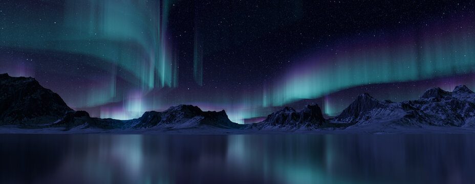 Winter Mountains with Aurora Lights. Blue Sky Banner with copy-space.