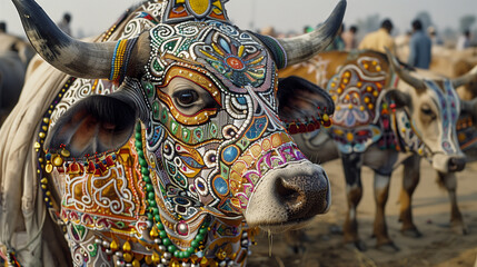 Vibrantly adorned bull at the traditional Sonepur livestock fair in Bihar, India - showcasing rich cultural art - obrazy, fototapety, plakaty