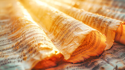 Antique sheets of music is bathed in warm light, highlighting intricate musical notations etched...