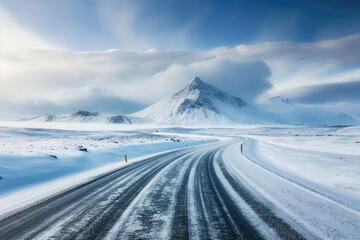 Roads in Iceland covered with snow and black ice during wintertime. - obrazy, fototapety, plakaty