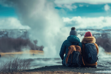 Couple of tourists admiring majestic Icelandic geyser eruption. Wonderful nature of Iceland. - obrazy, fototapety, plakaty