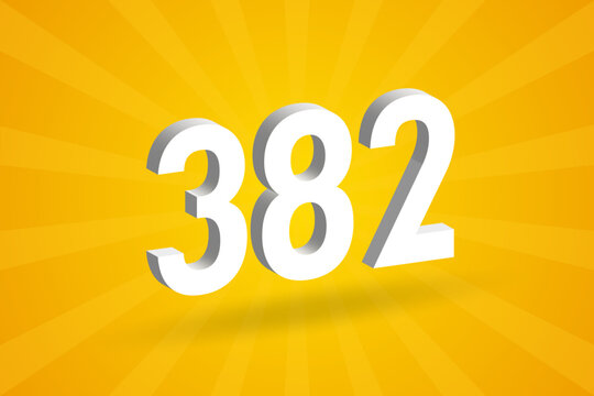 3D 382 number font alphabet. White 3D Number 382 with yellow background