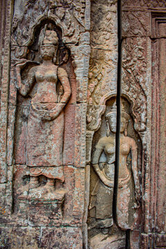 Close up to the beautiful carving on the temple wall of Banteay Kdei in Siem Reap, Cambodia