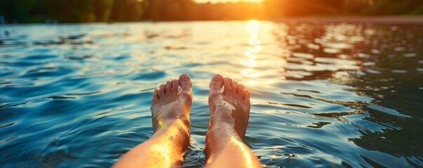 Feet submerged in a lake at sunset, relaxed outdoor leisure concept. Close-up view with a summer vacation theme