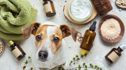 Dog Sitting on Table With Bottles of Essential Oils - 775672524