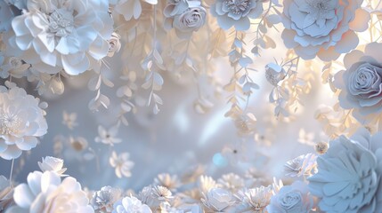 Digital illustration of white and blue toned flowers with soft lighting. 3D floral background with bokeh.