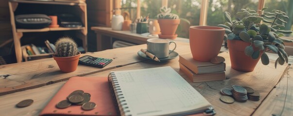 Home budget planning on a wooden desk with calculator, coins, and plant pots. - obrazy, fototapety, plakaty