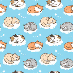 Seamless Pattern of Cartoon Cat Sleeping Design on Blue Sky Background - obrazy, fototapety, plakaty