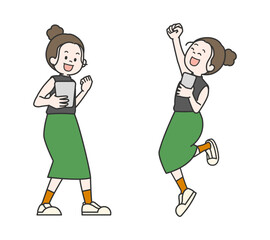スマホを持って喜ぶ女性のイラストセット