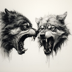 Pencil drawing angry wolf heads 
