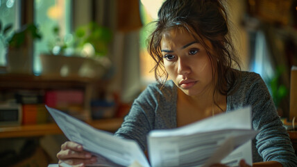 a worried female hispanic women looking over papers on a table,generative ai