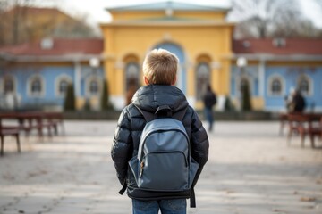 school boy with backpack stand in front of school