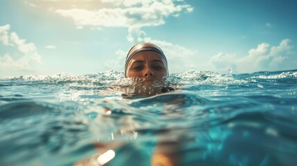 Close-up of female swimmer at sea level. Calm open water swimming with serene expression