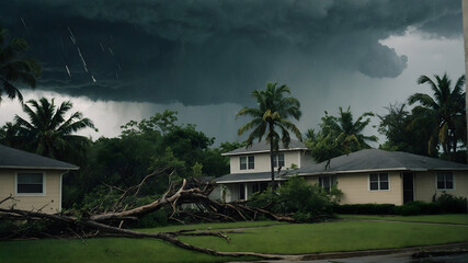 A close-up photograph of hurricane-force winds bending trees and tearing apart buildings, capturing the destructive force of the storm