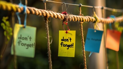 Colorful sticky notes with don't forget message on a string. Outdoor reminder concept with copy space for design and communication - obrazy, fototapety, plakaty