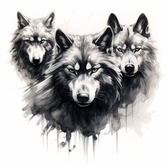 Pencil drawing of wolf heads on white background