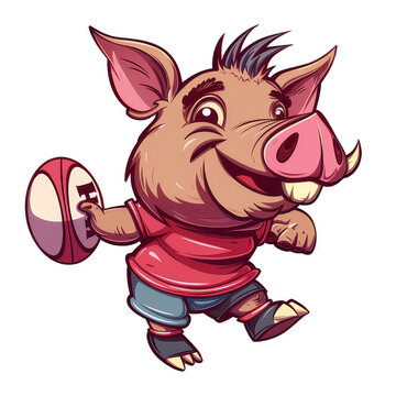 A cartoon pig is holding a rugby ball and wearing a red shirt
