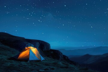 Camping on the top of the mountain at night with starry sky