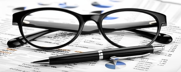 Glasses and pen on financial documents with charts and graphs. Financial review and strategy concept