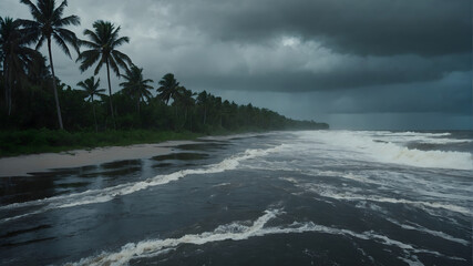 A coastline engulfed by storm surges and heavy rainfall as a hurricane makes landfall