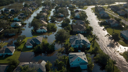 An aerial photograph showing the aftermath of a hurricane, with flooded neighborhoods and damaged infrastructure.