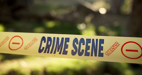 Police, yellow line and crime scene in outdoor for murder, homicide and restricted area for...
