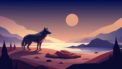 wolf howling at sunset