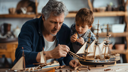 Father and son making model kit ah home - 775674331