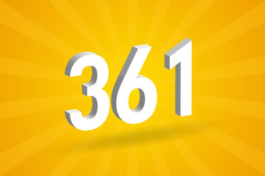 3D 361 number font alphabet. White 3D Number 361 with yellow background