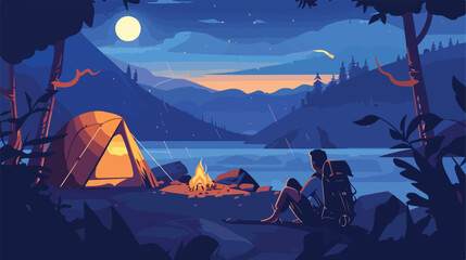 Man camping alone in nature at night vector illustration