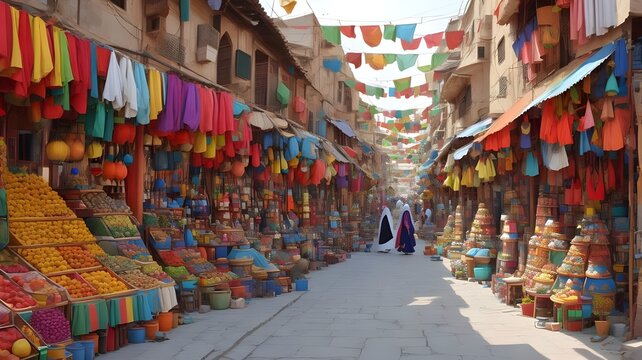 A colorful bazaar in a city in an Arab country