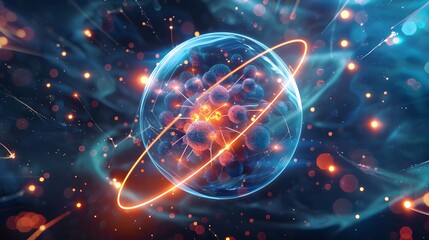 Unstable Atom nucleus with electrons spinning around it technology background. For Design, Background, Cover, Poster, Banner, PPT, KV design, Wallpaper